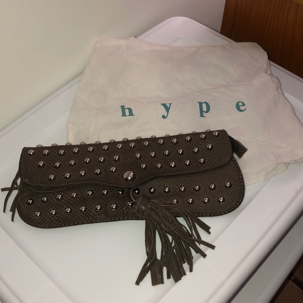 Hype Snakeskin Pattern Studded Clutch w/Tassels